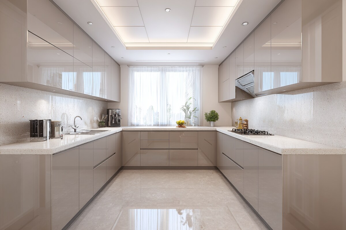 Contemporary U-Shaped Kitchen Design With Glossy Cabinets and Quartz Counter