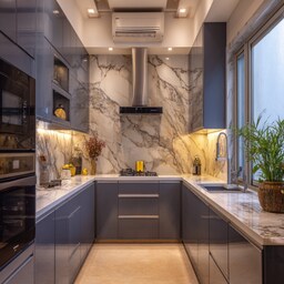 Modern Parallel Kitchen Design in Blue and White with Grid Glass Doors