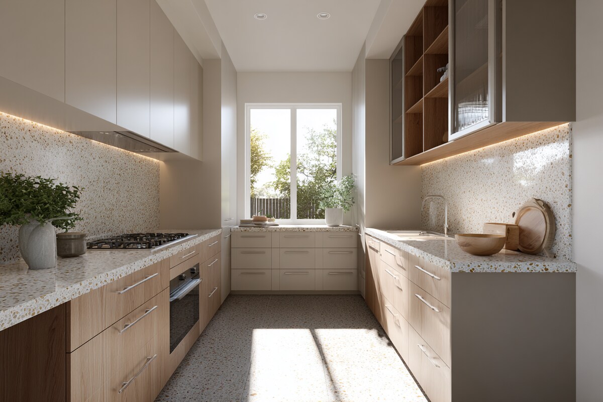Contemporary U-Shaped Kitchen Design with Terrazzo Countertop Contemporary U-Shaped Kitchen Design with Terrazzo Countertop