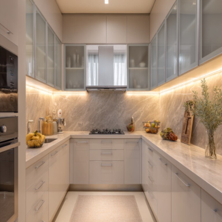Contemporary U-Shaped Kitchen Design with Under-Cabinet Lighting Glass Cabinets and Marble Backsplash Contemporary U-Shaped Kitchen Design with Under-Cabinet Lighting Glass Cabinets and Marble Backsplash