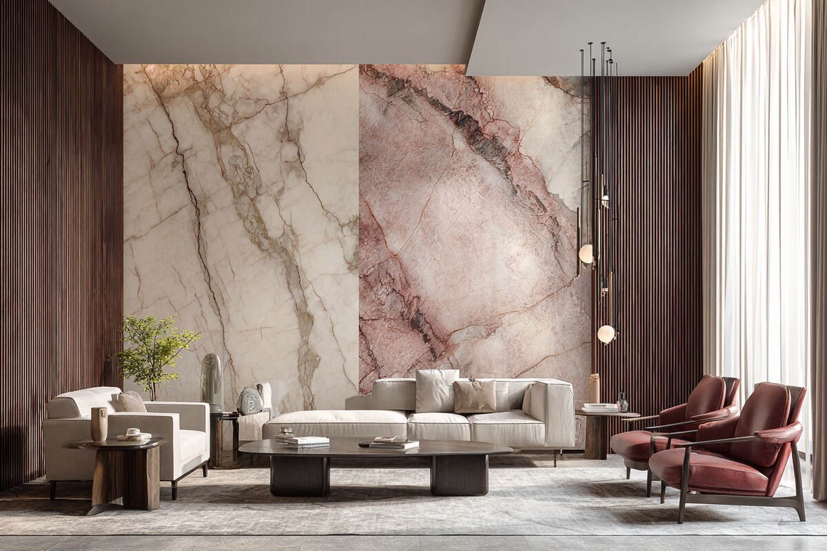 Contemporary Wall Design with Marble and Textured Wood Panels