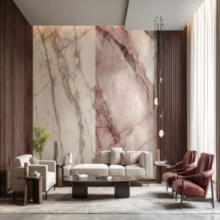 Contemporary Wall Design with Marble and Textured Wood Panels Contemporary Wall Design with Marble and Textured Wood Panels
