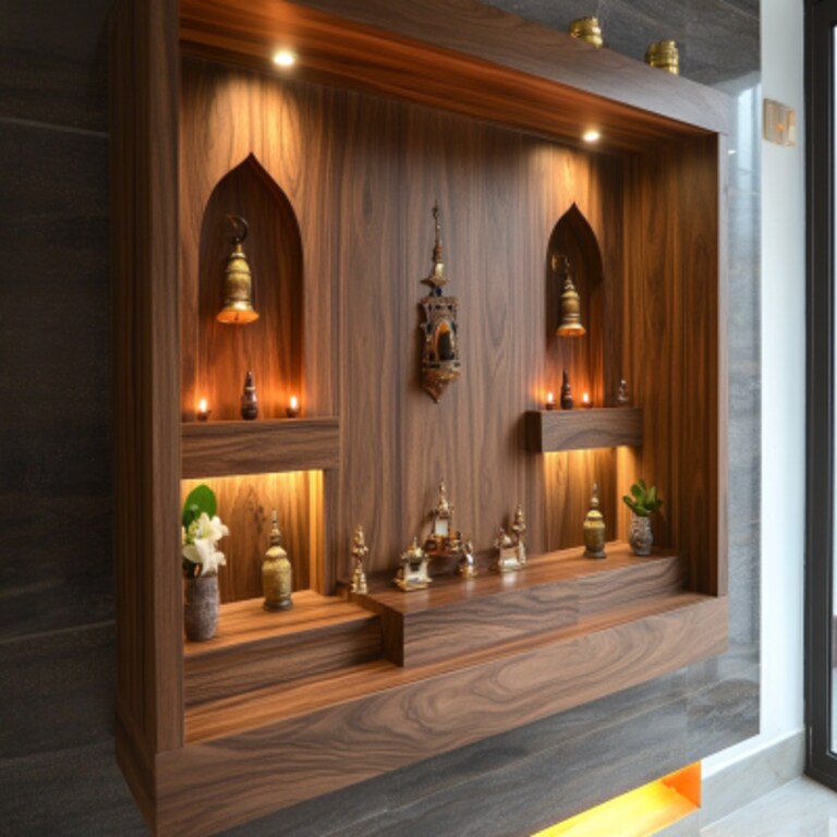 Contemporary Wall-Mounted Pooja Unit Design with Acacia Wood Finish