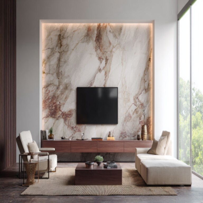 Contemporary Wall-Mounted TV Unit Design With A Marble Back Panel