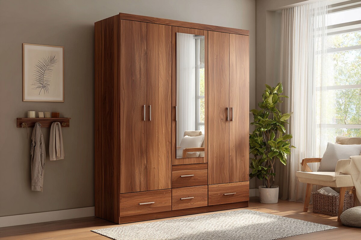 Contemporary Walnut 4-Door Swing Wardrobe Design with Full-Length Mirror