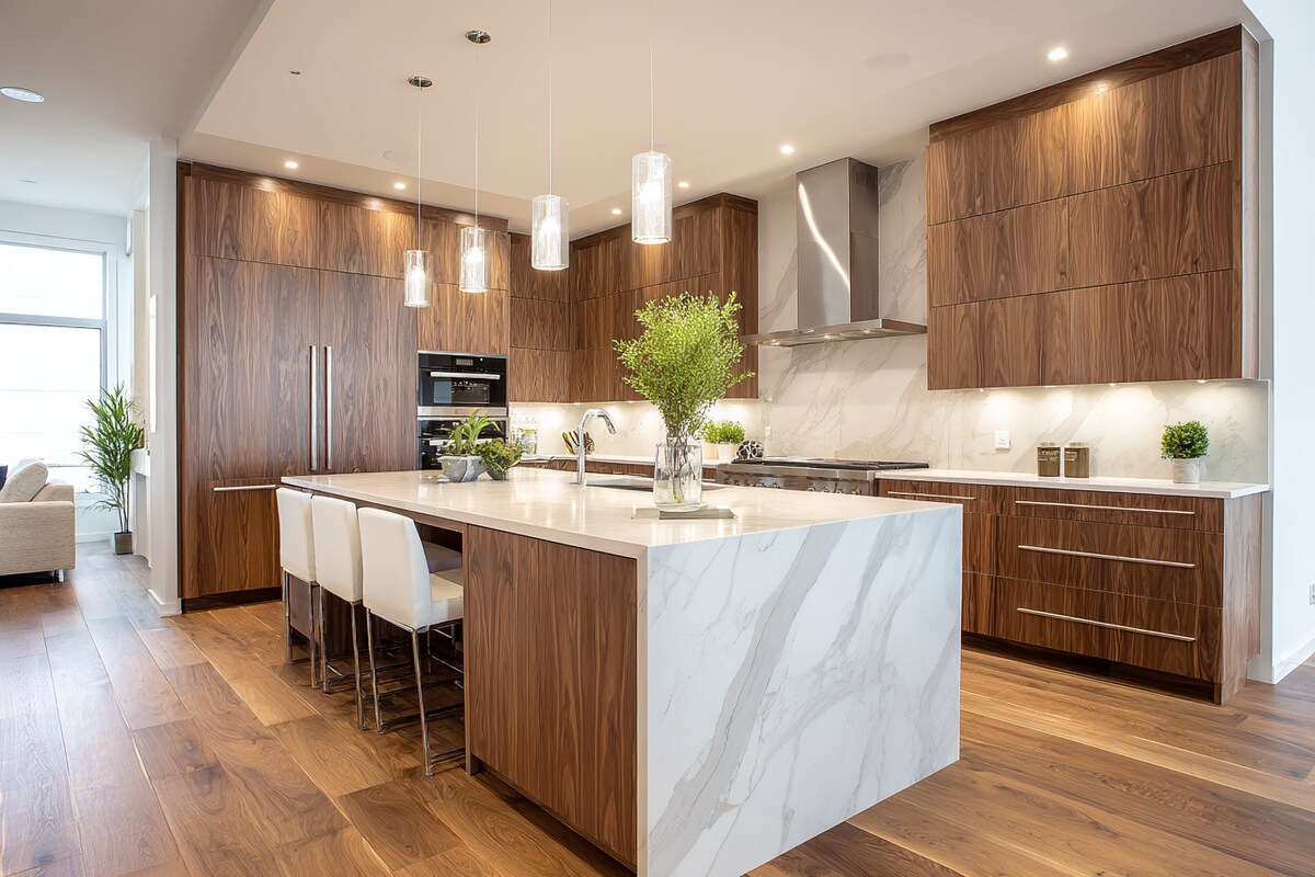 Contemporary Walnut Island Kitchen Design with Floor-to-Ceiling Cabinets and Quartz Counter