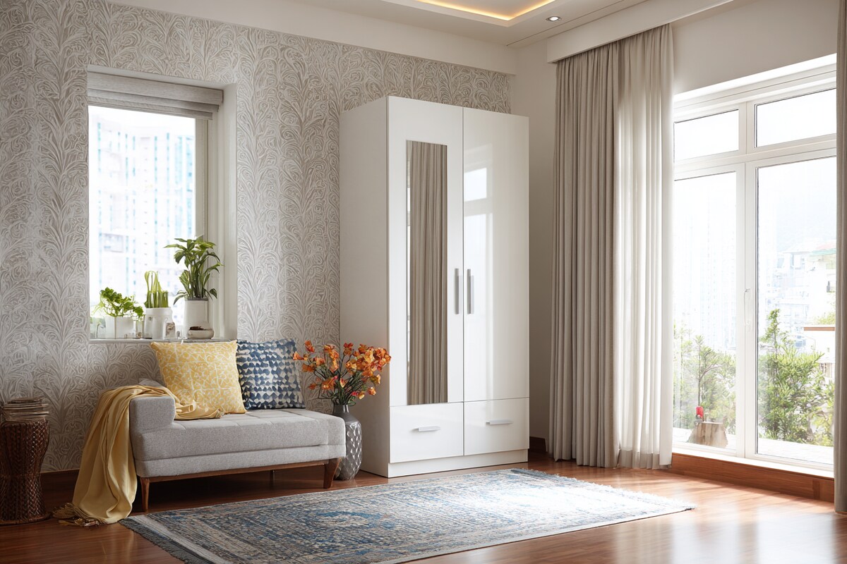 Contemporary White 2-Door Swing Wardrobe Design with Tall Cabinets and a Full-Length Mirror Panel Contemporary White 2-Door Swing Wardrobe Design with Tall Cabinets and a Full-Length Mirror Panel