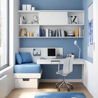 Contemporary White And Blue Study Room Design With Wall-Mounted Open Storage