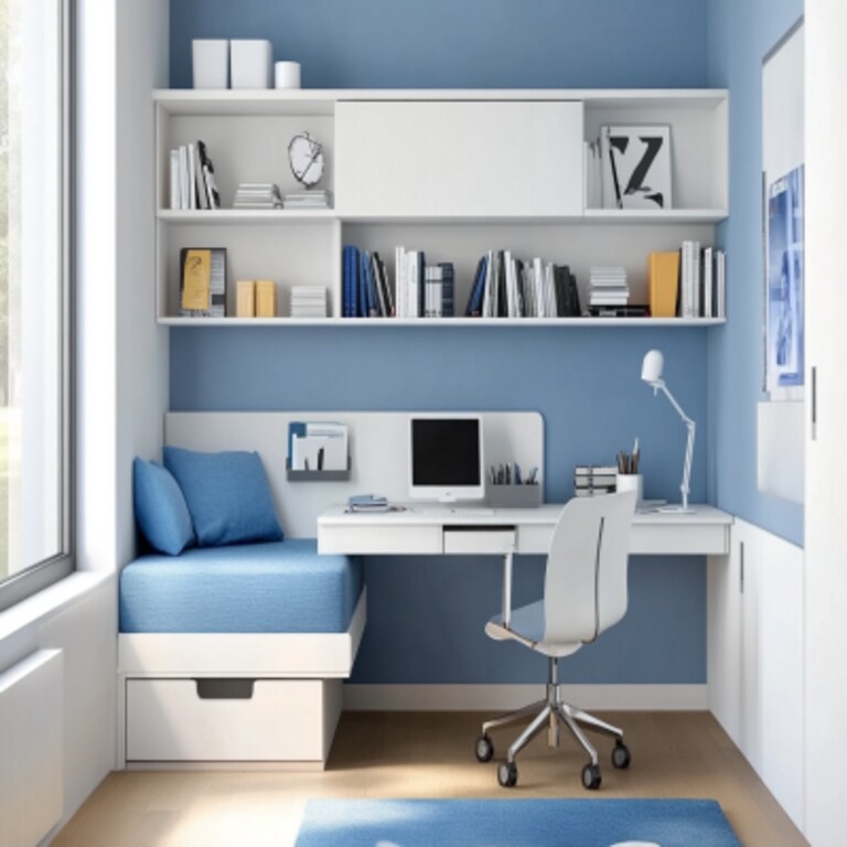 Contemporary White And Blue Study Room Design With Wall-Mounted Open Storage Contemporary White And Blue Study Room Design With Wall-Mounted Open Storage