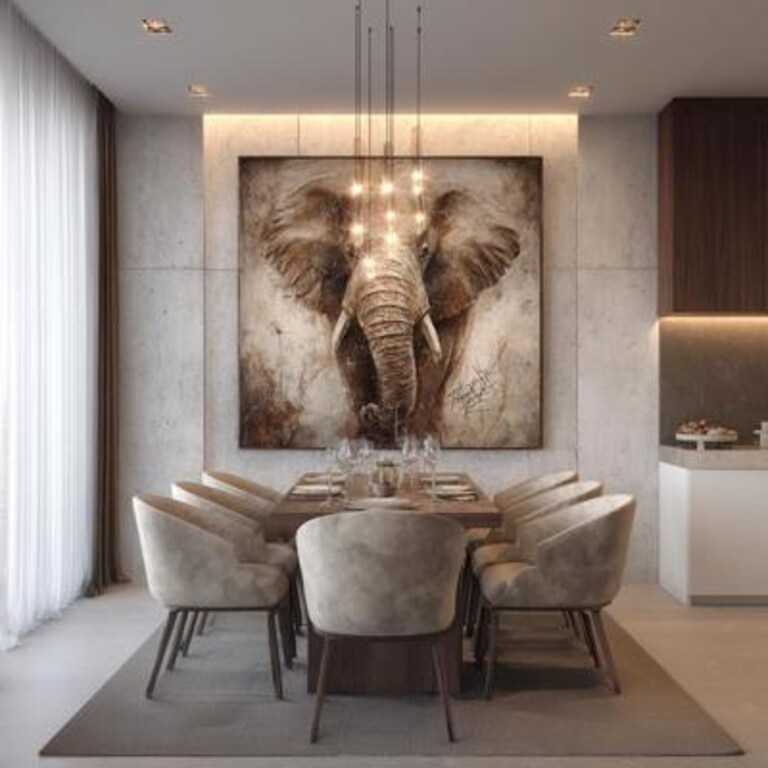 Contemporary White And Brown Dining Room Wall Design With Elephant Inspired Art Work Contemporary White And Brown Dining Room Wall Design With Elephant Inspired Art Work
