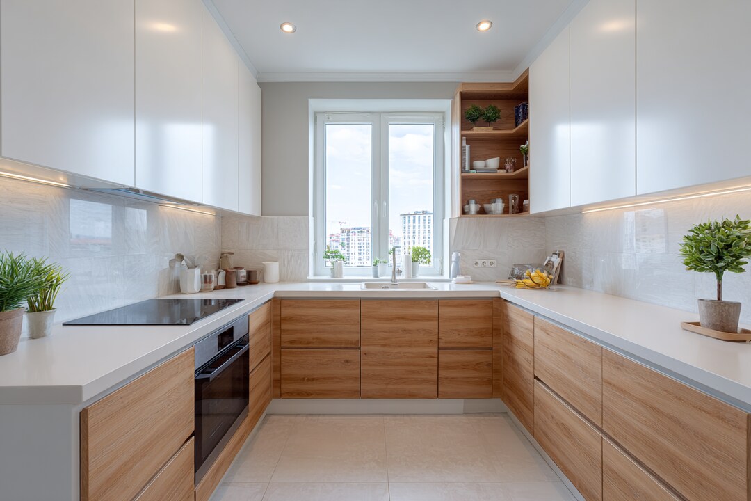 Contemporary White and Wood U-Shaped Kitchen Design with Quartz Countertop