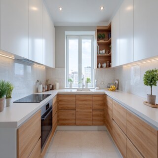 Contemporary White and Wood U-Shaped Kitchen Design with Quartz Countertop