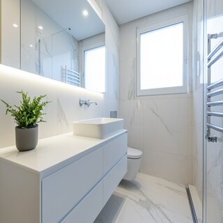 Contemporary White Marble Bathroom Design with LED Mirror