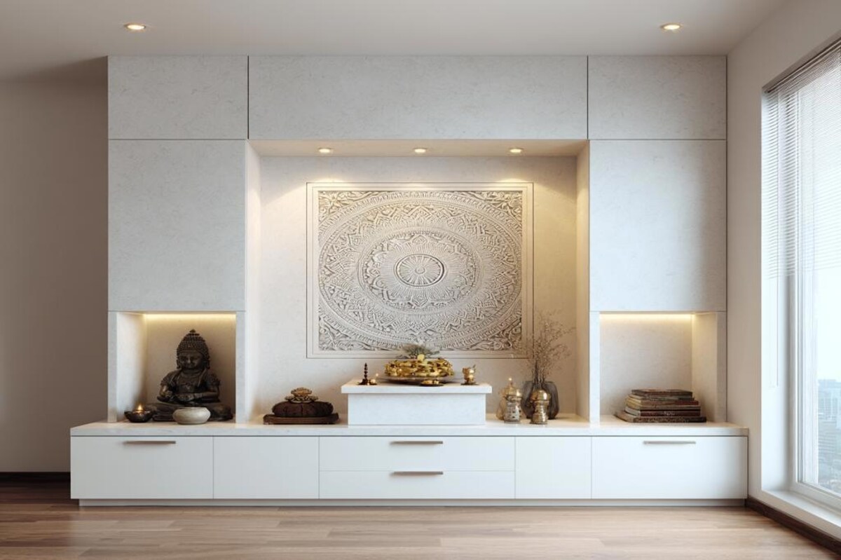 Contemporary White Pooja Design with Mandala Backdrop and Built In Drawers
