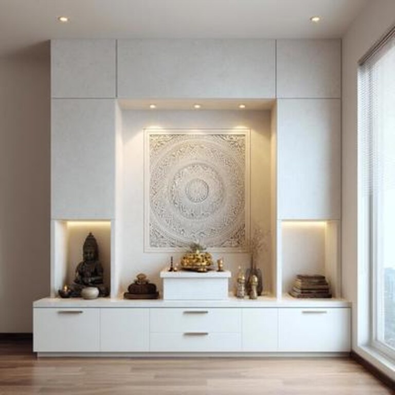 Contemporary White Pooja Design with Mandala Backdrop and Built In Drawers Contemporary White Pooja Design with Mandala Backdrop and Built In Drawers