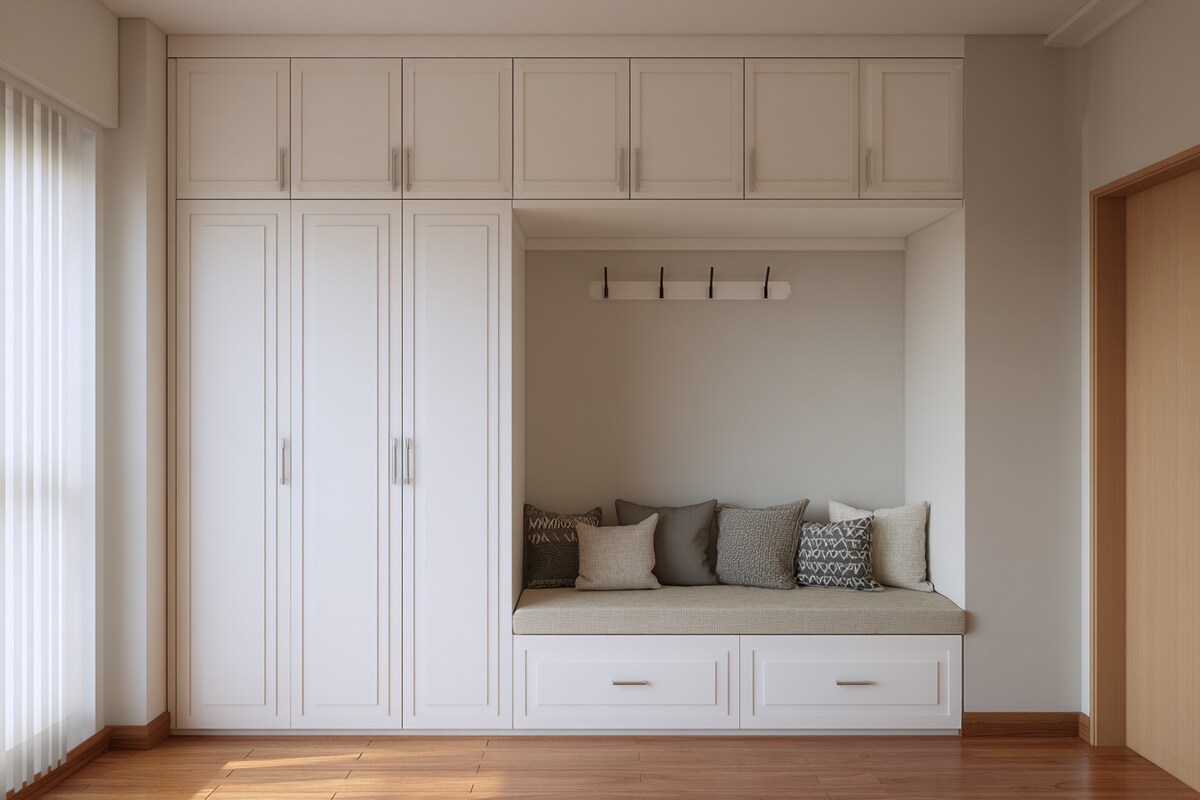 Contemporary White Swing Wardrobe Design with Seating and Loft Contemporary White Swing Wardrobe Design with Seating and Loft