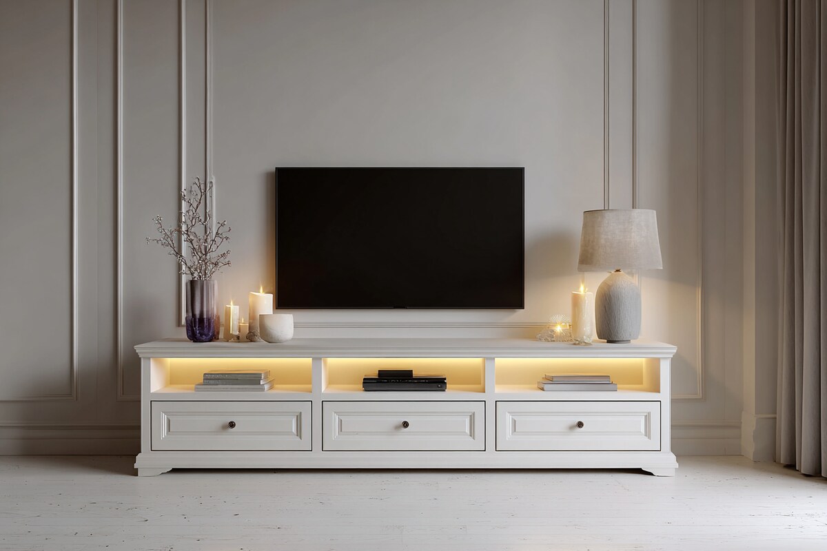 Contemporary White TV Unit Design With Spacious Drawers Contemporary White TV Unit Design With Spacious Drawers
