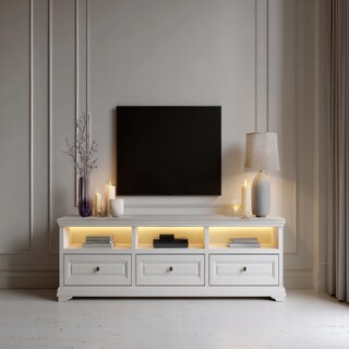 Contemporary White TV Unit Design With Spacious Drawers