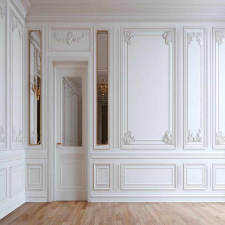 Contemporary White Wall Moulding Wall Design with Mirror Accents Contemporary White Wall Moulding Wall Design with Mirror Accents