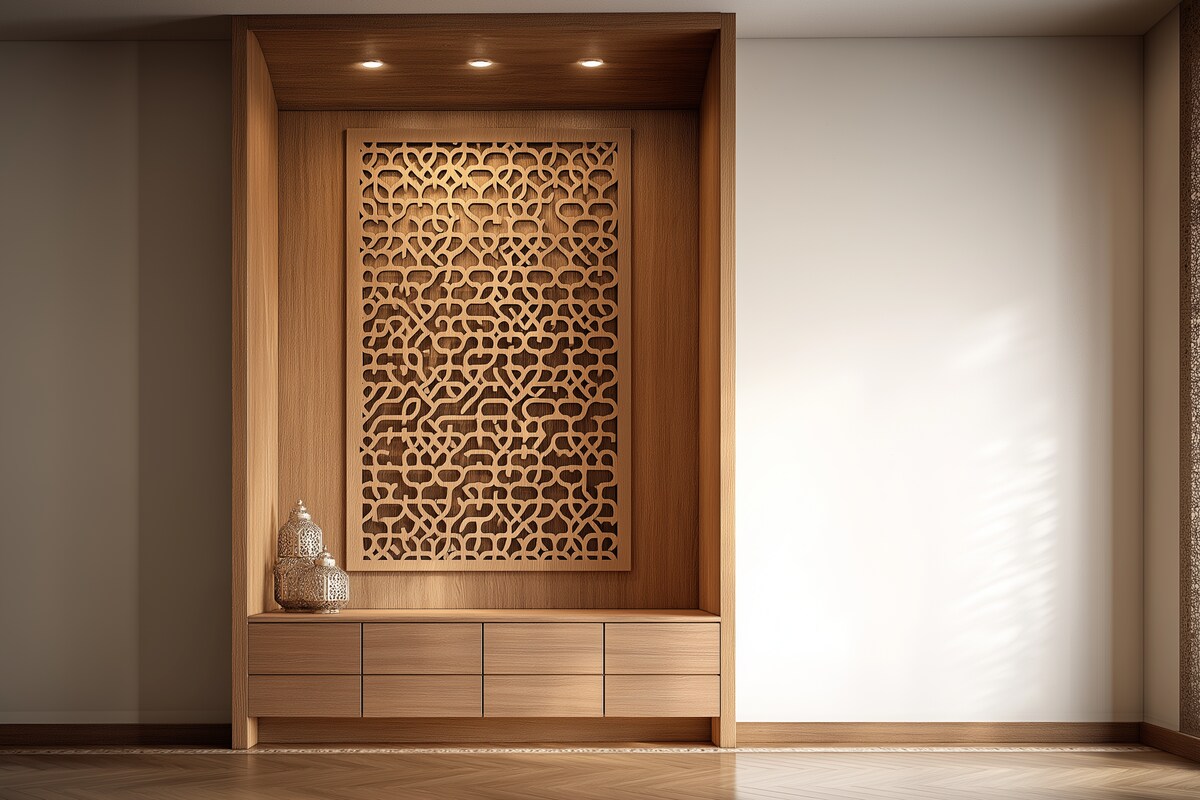 Contemporary Wooden Pooja Room Design With Jali Contemporary Wooden Pooja Room Design With Jali