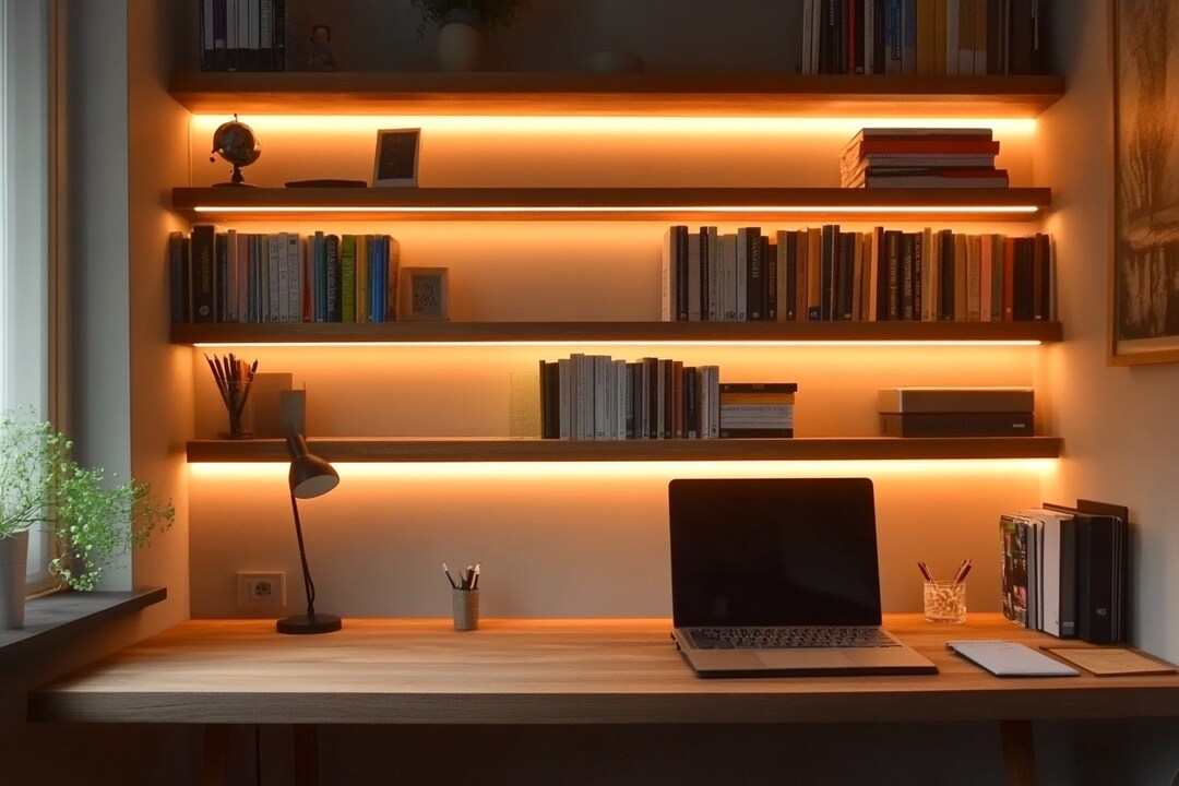 Study Table Inbuilt Light Contemporary Wooden Study Room Design With Wall-Mounted Shelves And LED ...