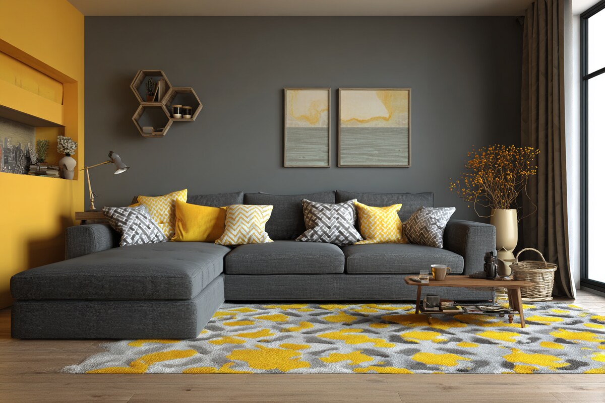 Cosy Grey and Yellow Wall Colour Combination for Living Room with Sectional Sofa and Abstract Rug Cosy Grey and Yellow Wall Colour Combination for Living Room with Sectional Sofa and Abstract Rug