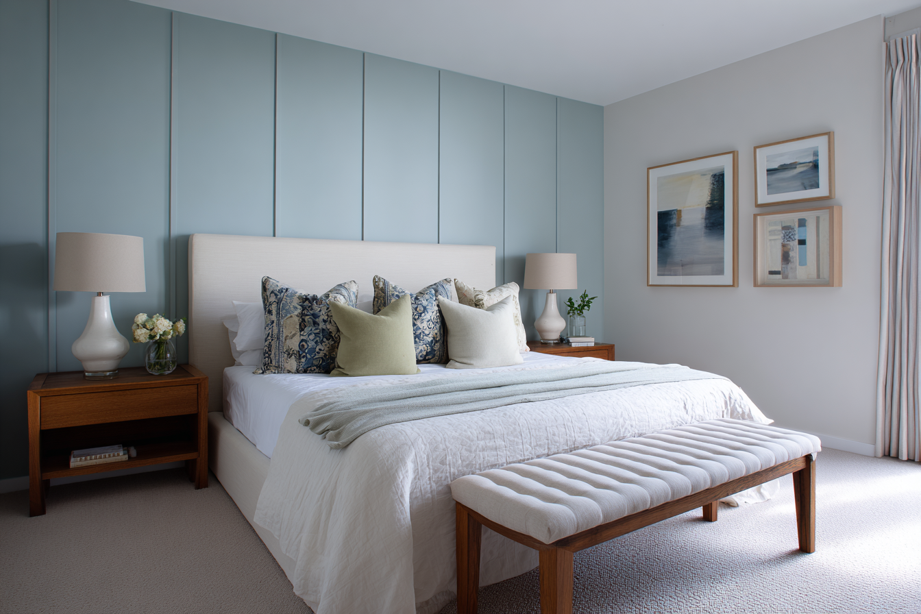 Cosy White and Blue Wall Colour Combination for Bedroom with Cushioned ...