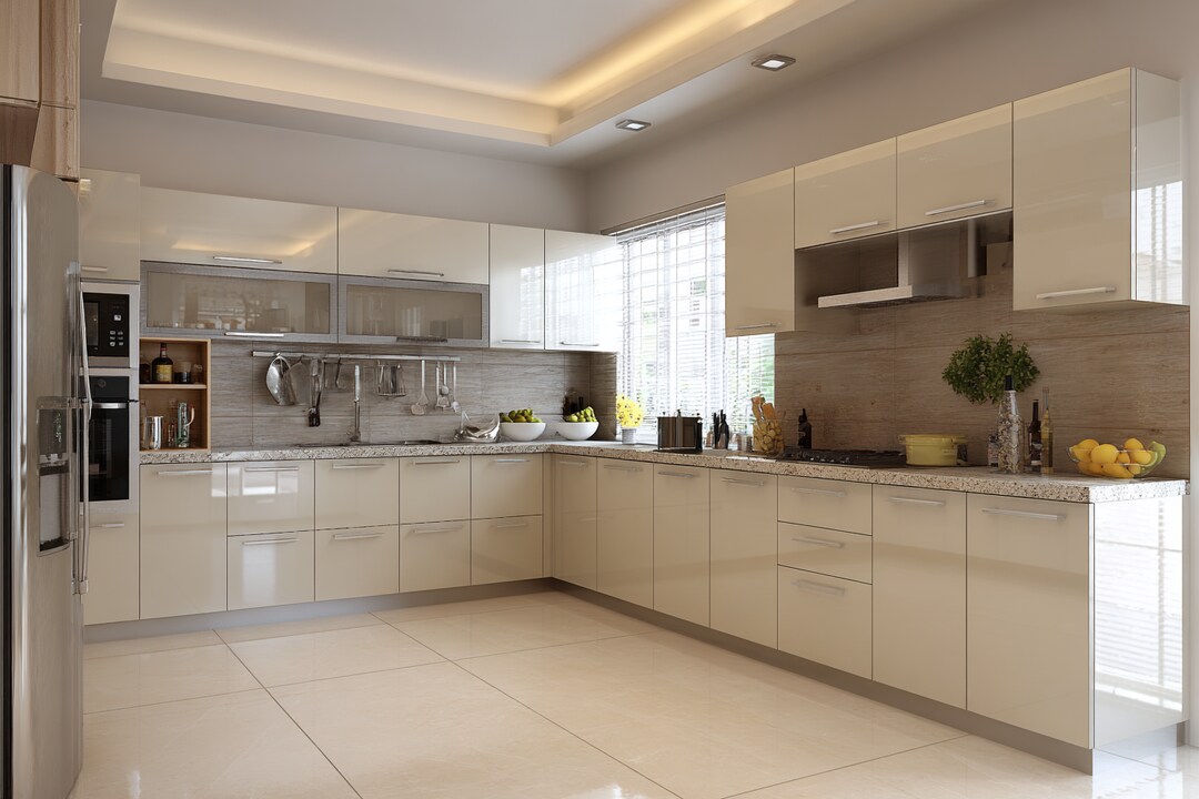 Cream Contemporary L Shape Kitchen Design with Granite Countertop and ...