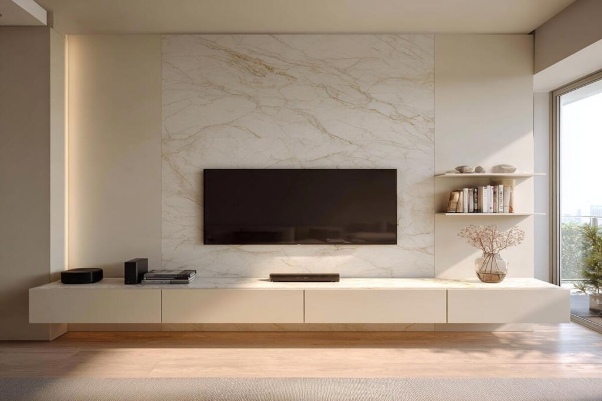 Cream Modern TV Unit Design with Marble Backdrop and Shelves