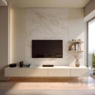 Cream Modern TV Unit Design with Marble Backdrop and Shelves