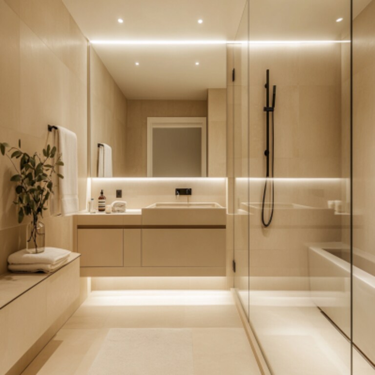 Cream Tiles Modern Bathroom Design with Vanity Storage Cabinets