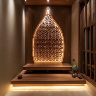 Crescent Acacia Modern Pooja Unit Design with Illuminated Lattice Backdrop