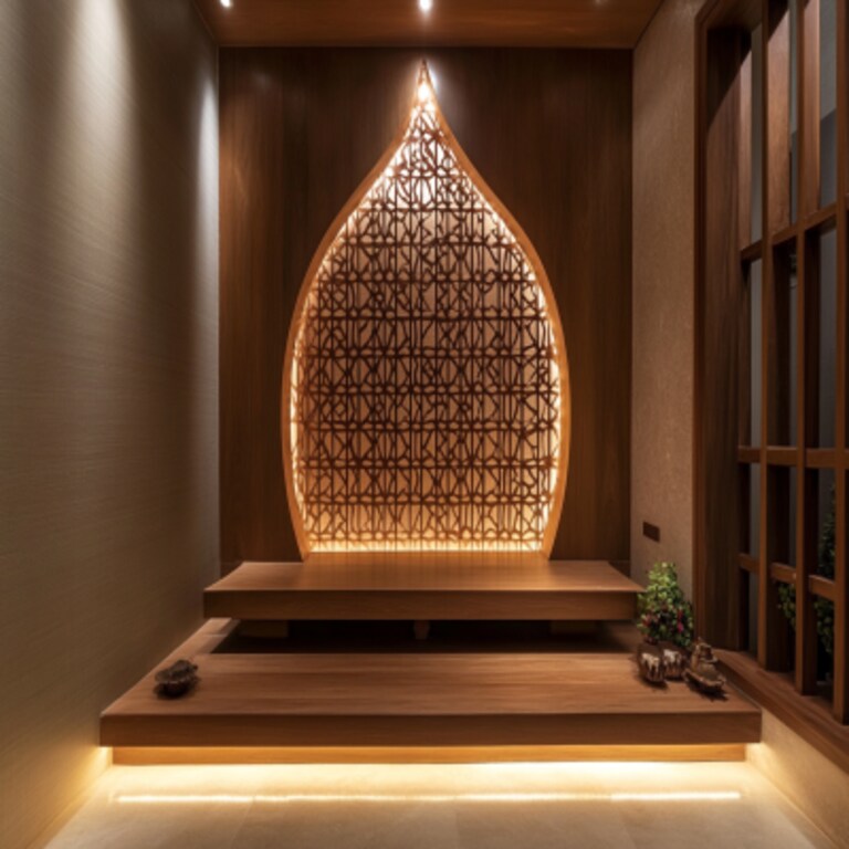 Crescent Acacia Modern Pooja Unit Design with Illuminated Lattice Backdrop