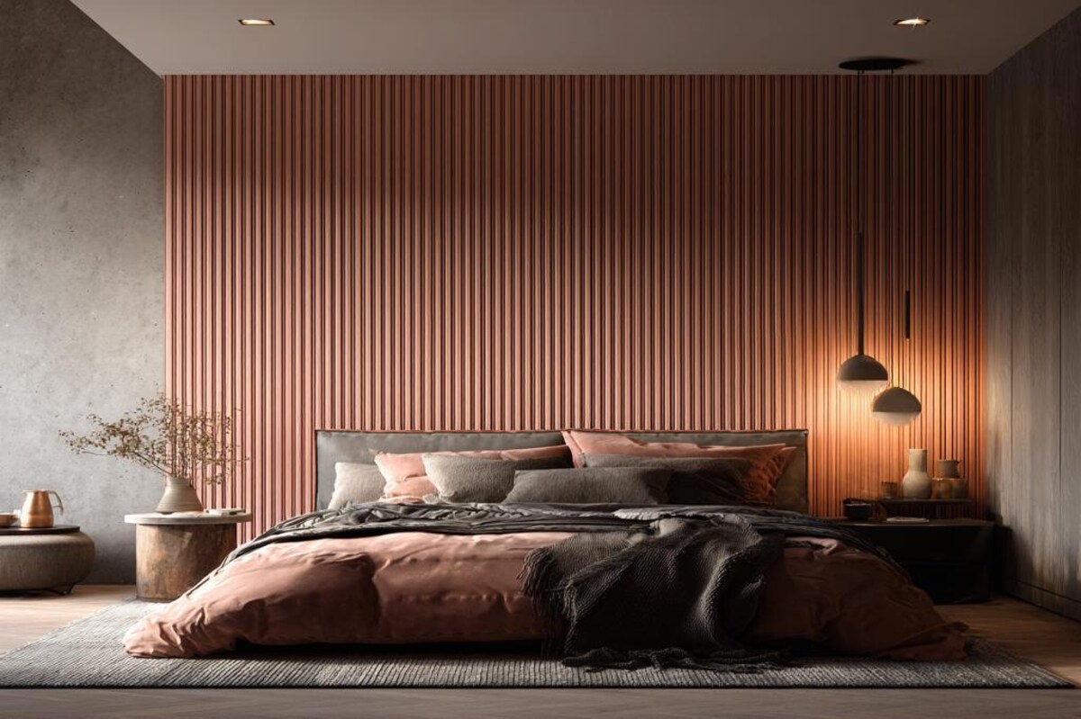 Dark Peach Fluted Wall Panels Wall Design for a Contemporary Bedrooms