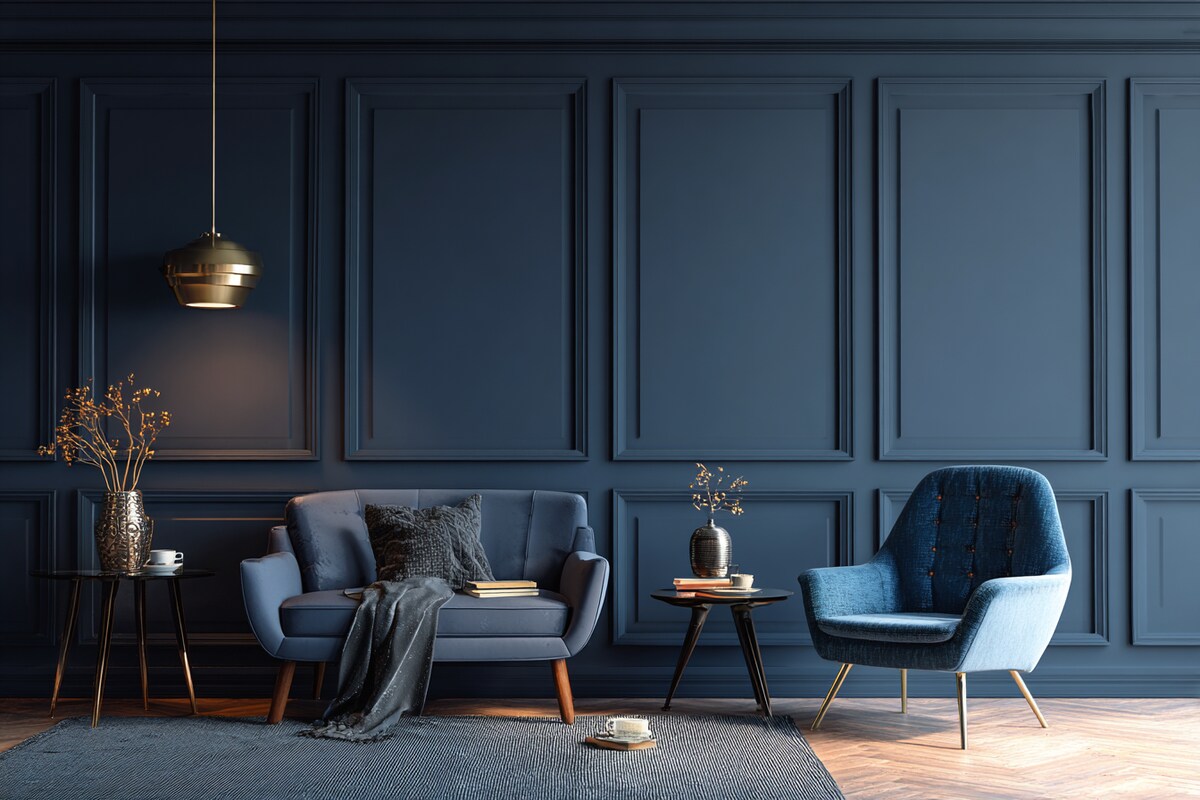 Deep Navy Blue Wall Paint Design with Panelling for Mid-Century Modern Look Deep Navy Blue Wall Paint Design with Panelling for Mid-Century Modern Look