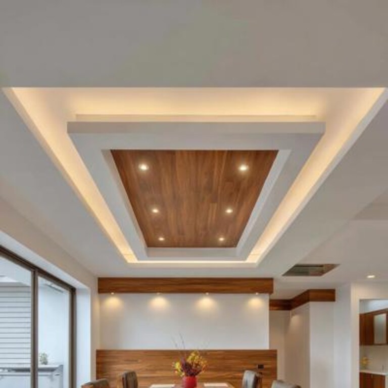Double Layer Contemporary False Ceiling Design with Wooden Finish and Gypsum Detail Double Layer Contemporary False Ceiling Design with Wooden Finish and Gypsum Detail
