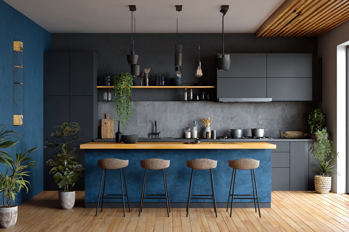 Dramatic Black and Blue Wall Colour Combination for Kitchen with Slim Cabinets and Open Counter