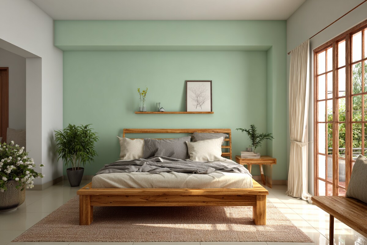 Dramatic Mint Green and Cream Wall Colour Combination for Bedroom with Wooden Bed and Minimal Side Table Dramatic Mint Green and Cream Wall Colour Combination for Bedroom with Wooden Bed and Minimal Side Table