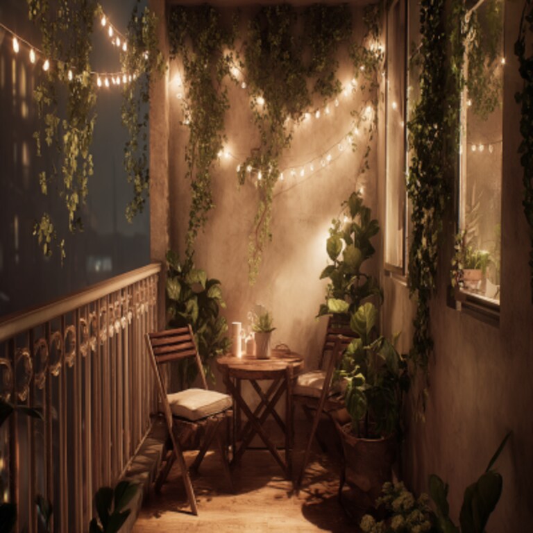 Eclectic Balcony Design with Climbing Vines and String Lights