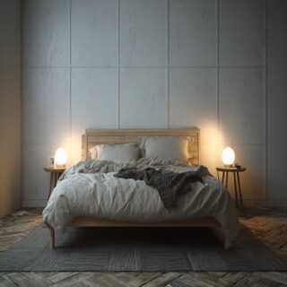 Eclectic Bedroom Design With A Wooden Bed And White Side Tables