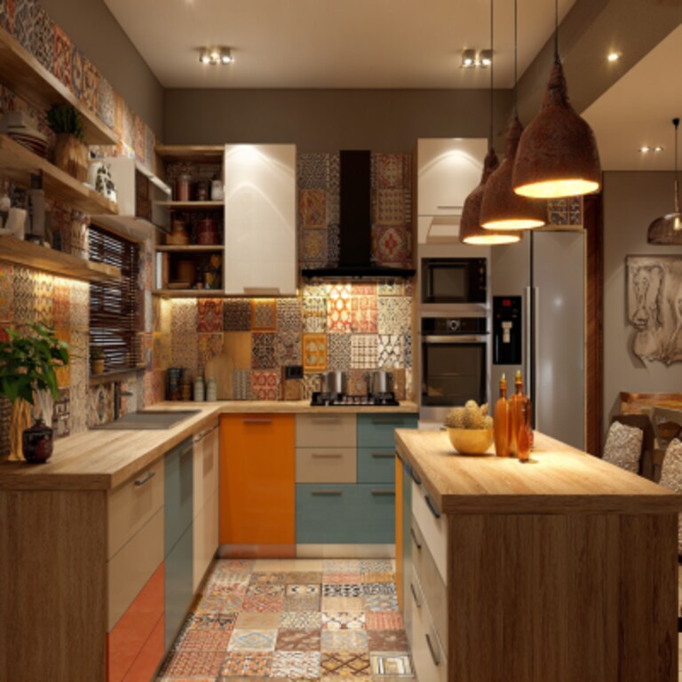 Eclectic L-Shaped Kitchen Design with a Kitchen Island