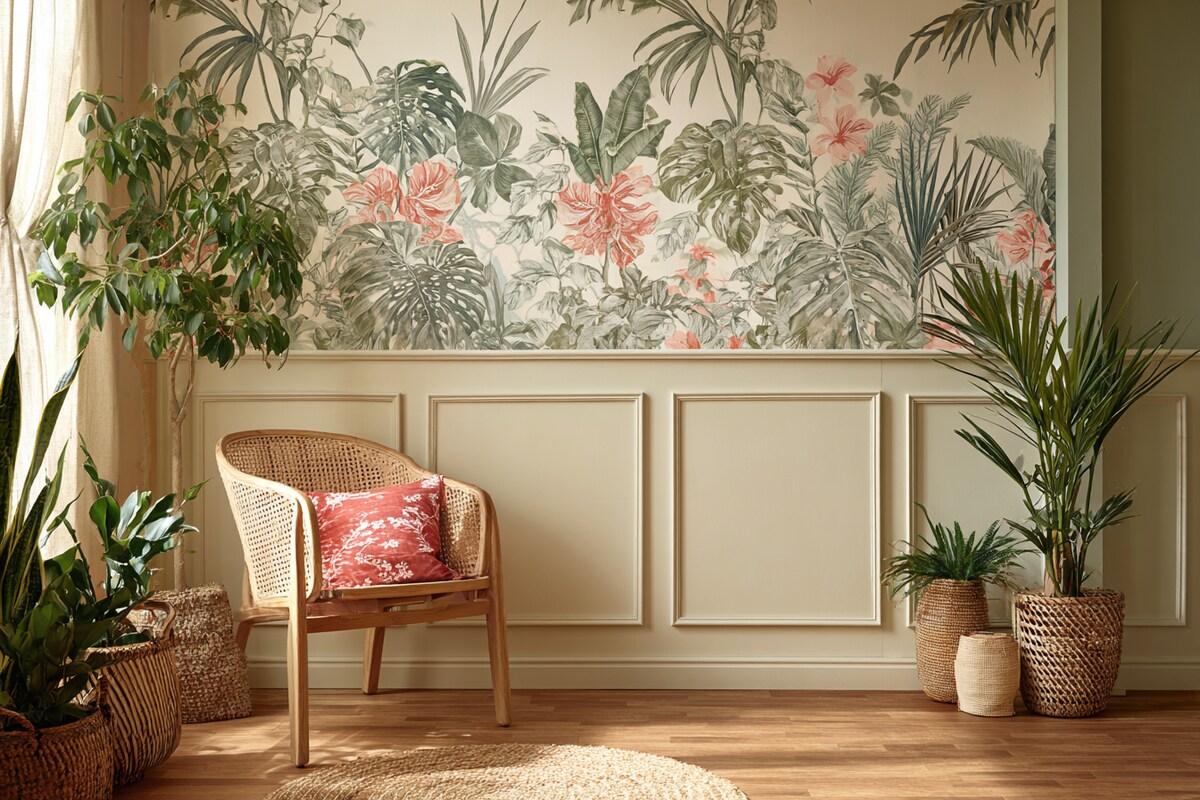 Eclectic Wall Panelling with Tropical Botanical Wallpaper Wall Design