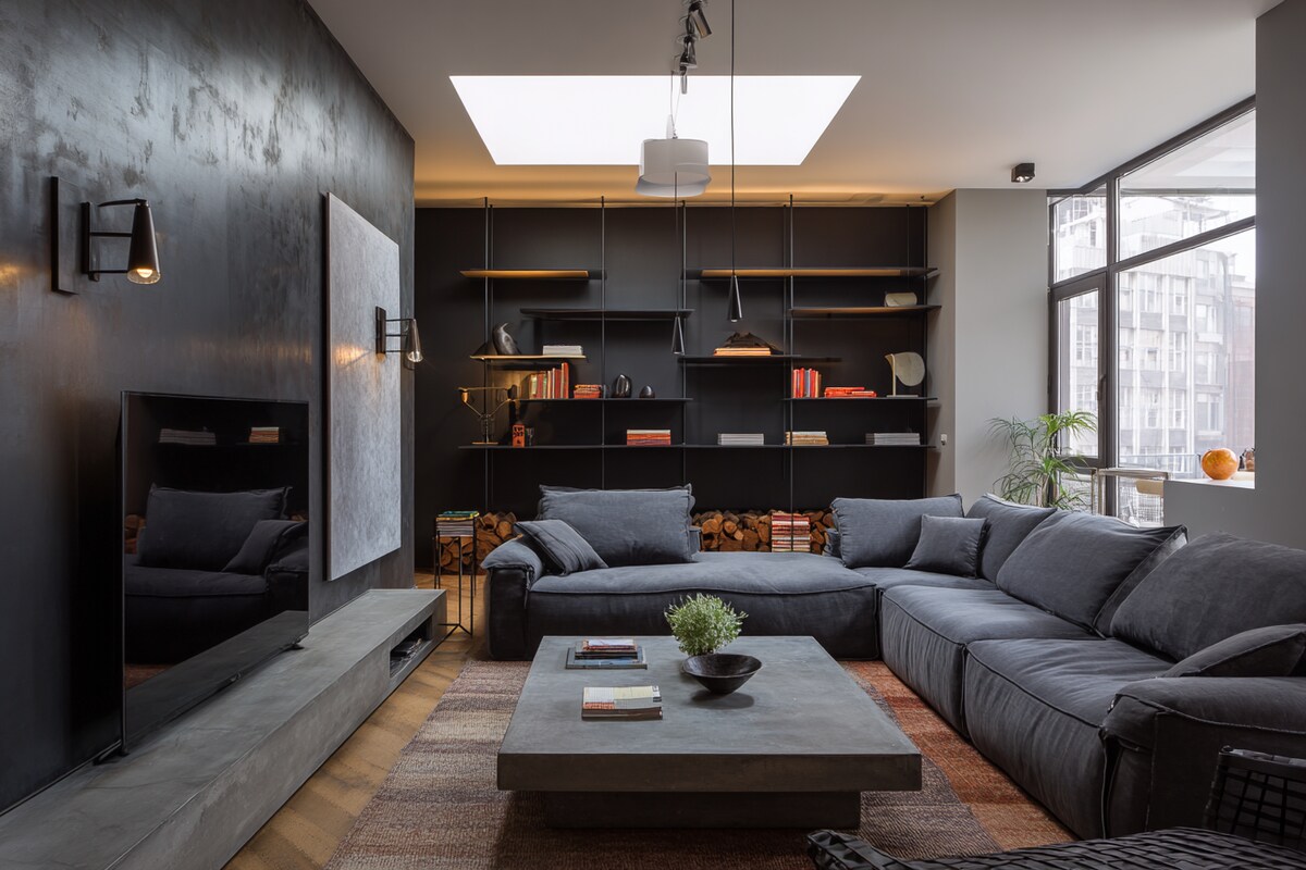 Elegant Black and Grey Wall Colour Combination for Living Room with Metal Shelves and Concrete Table