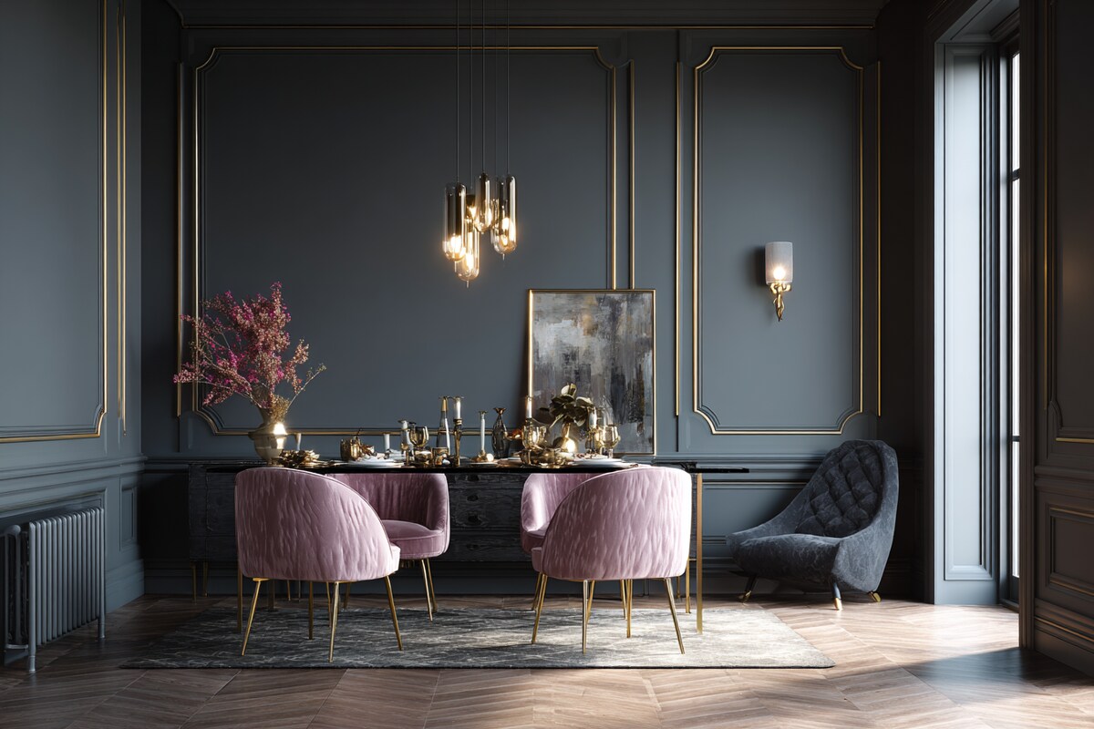 Elegant Charcoal Grey and Gold Wall Colour Combination for Dining Room with Glass Dining Table and Velvet Chairs Elegant Charcoal Grey and Gold Wall Colour Combination for Dining Room with Glass Dining Table and Velvet Chairs