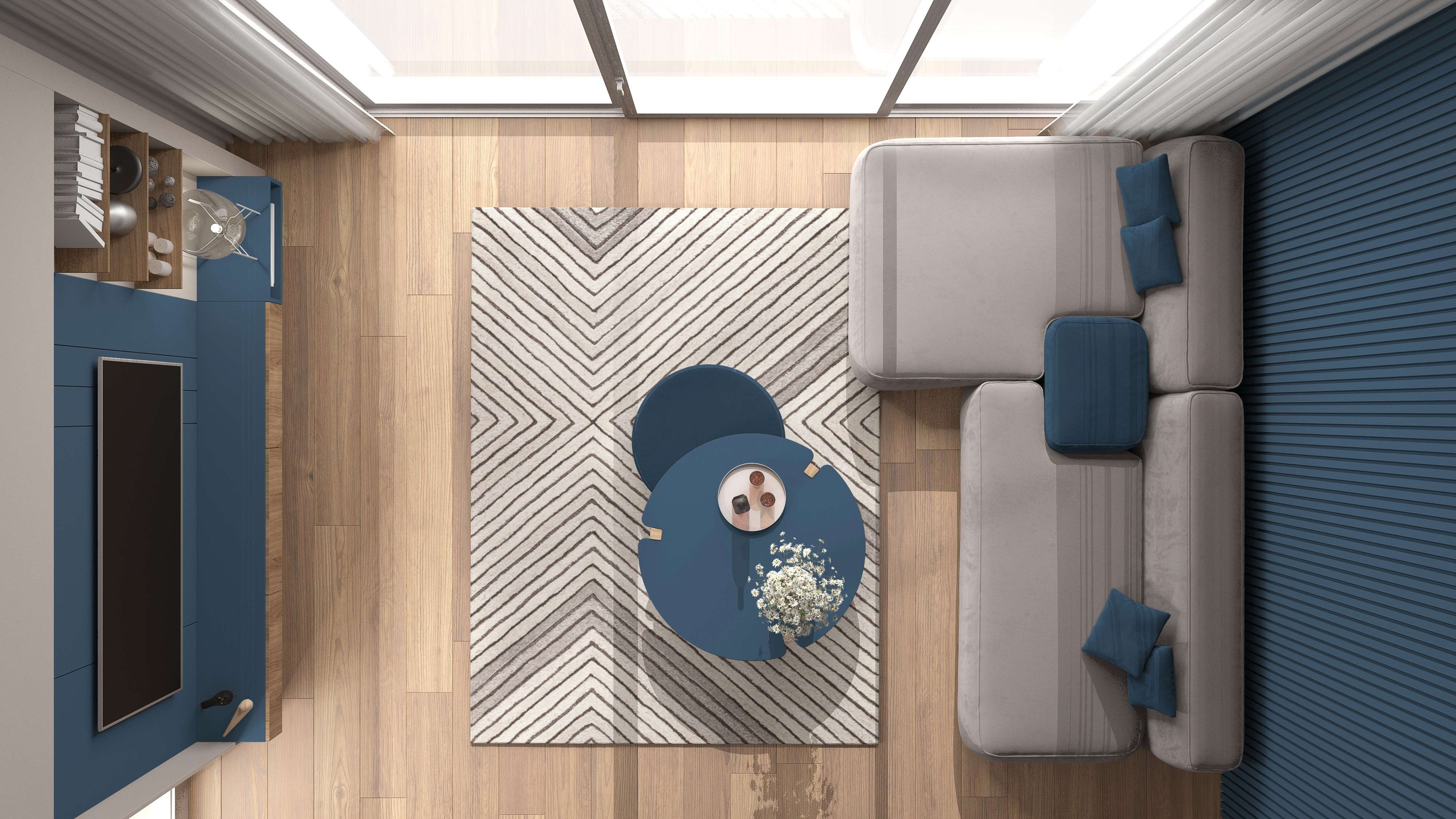 Blue and Grey Living Room design With Patterened Rug
