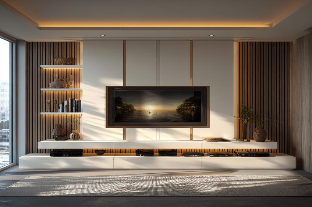 Floating Modern TV Unit Design with Concealed Lighting