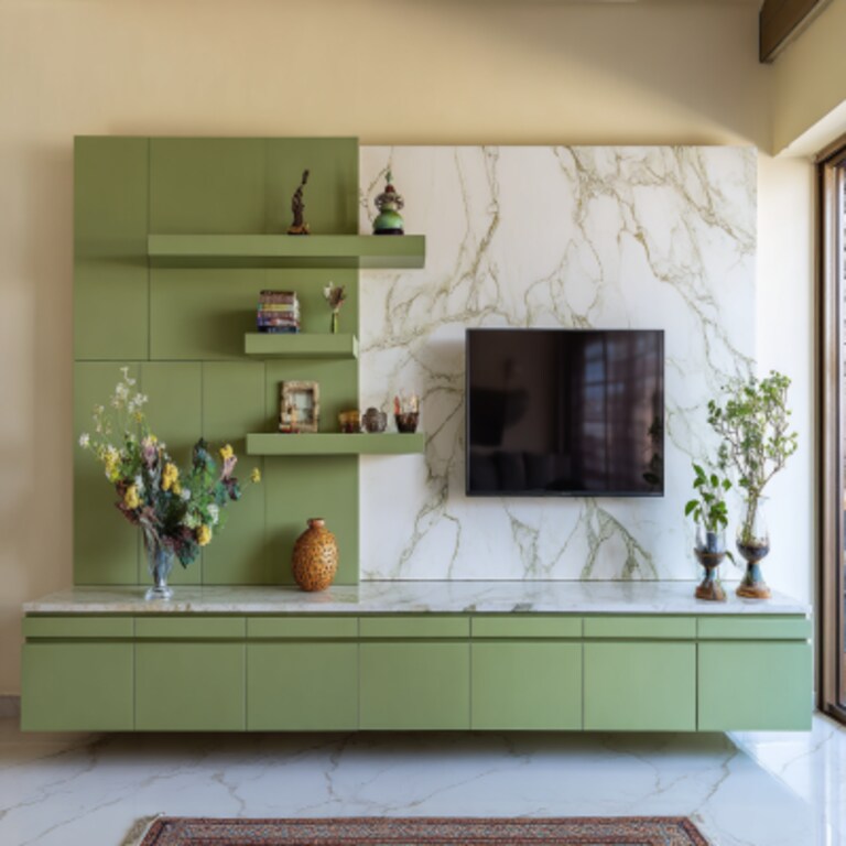 Floating Parakeet Modern TV Unit Design with Marble-Backed Storage Floating Parakeet Modern TV Unit Design with Marble-Backed Storage