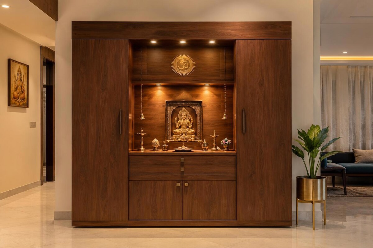 Floor Mounted Contemporary Walnut Pooja Room Design with Soft Close Cabinets Floor Mounted Contemporary Walnut Pooja Room Design with Soft Close Cabinets