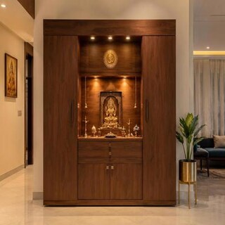 Floor Mounted Contemporary Walnut Pooja Room Design with Soft Close Cabinets