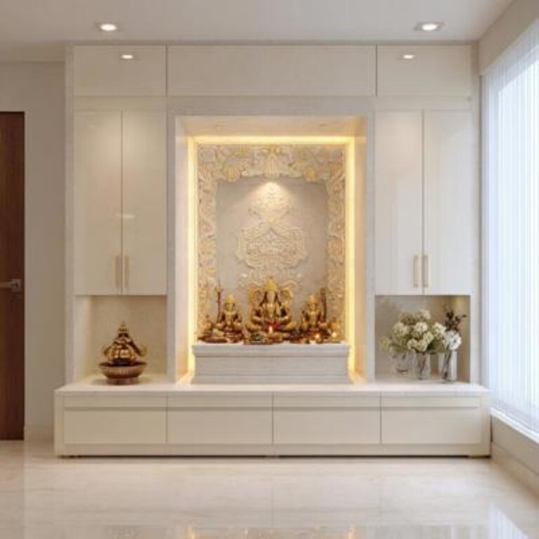 Floor Mounted Ivory Contemporary Pooja Room Design with Gold Carvings Floor Mounted Ivory Contemporary Pooja Room Design with Gold Carvings